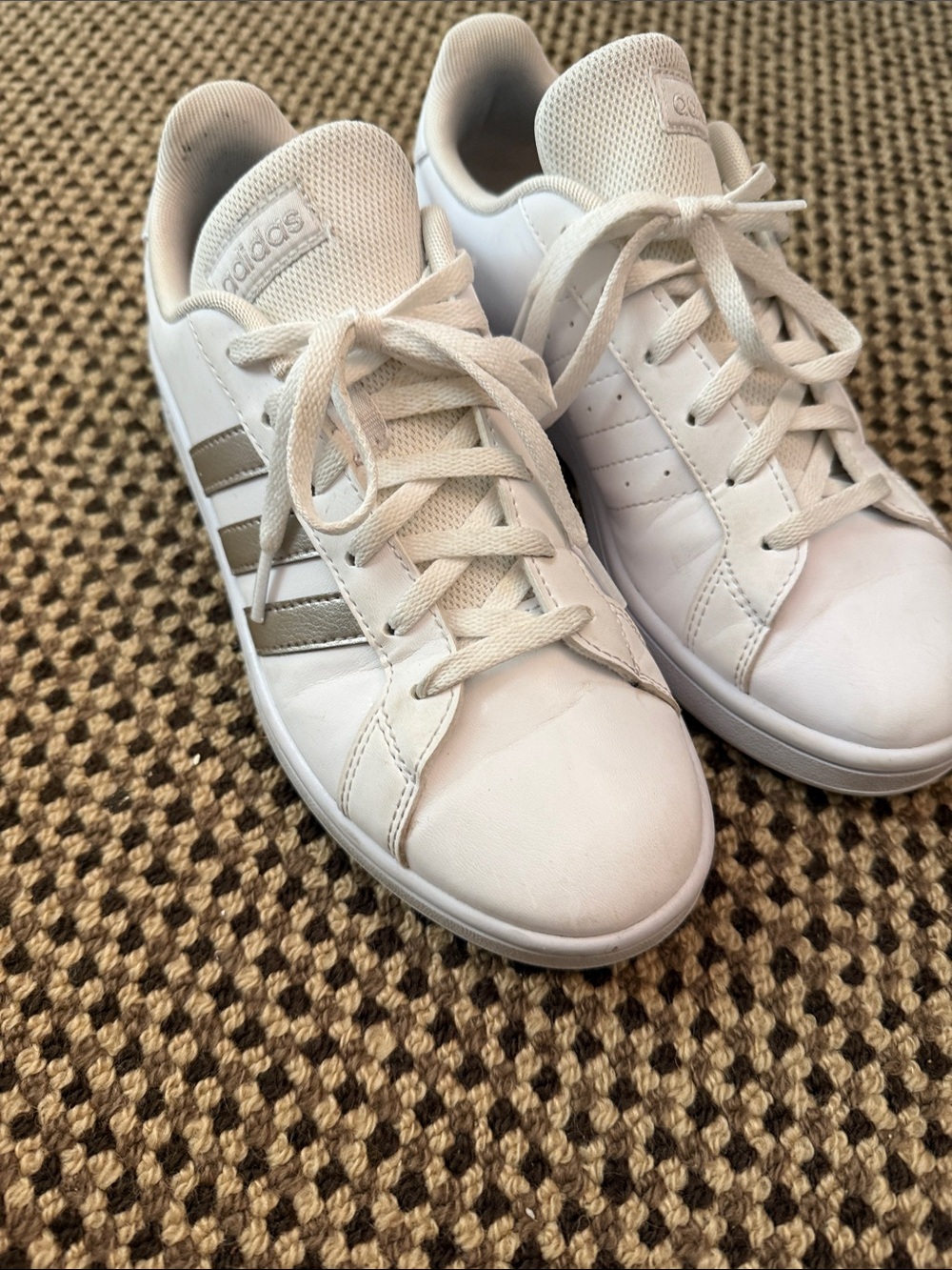 adidas White Sneakers with Metallic Silver Stripes